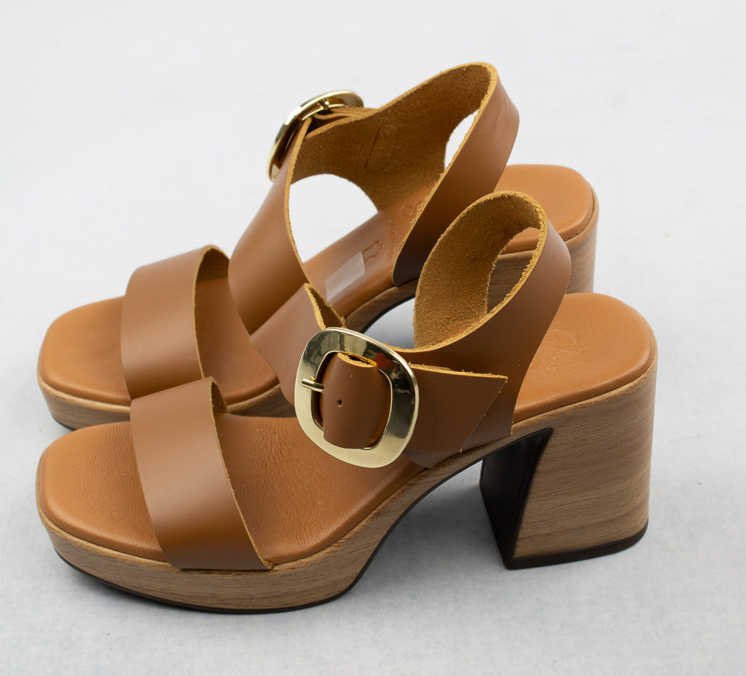 Oh My Sandals 5395 | Block Heel Strap Sandals in Cognac with Gold Buckle