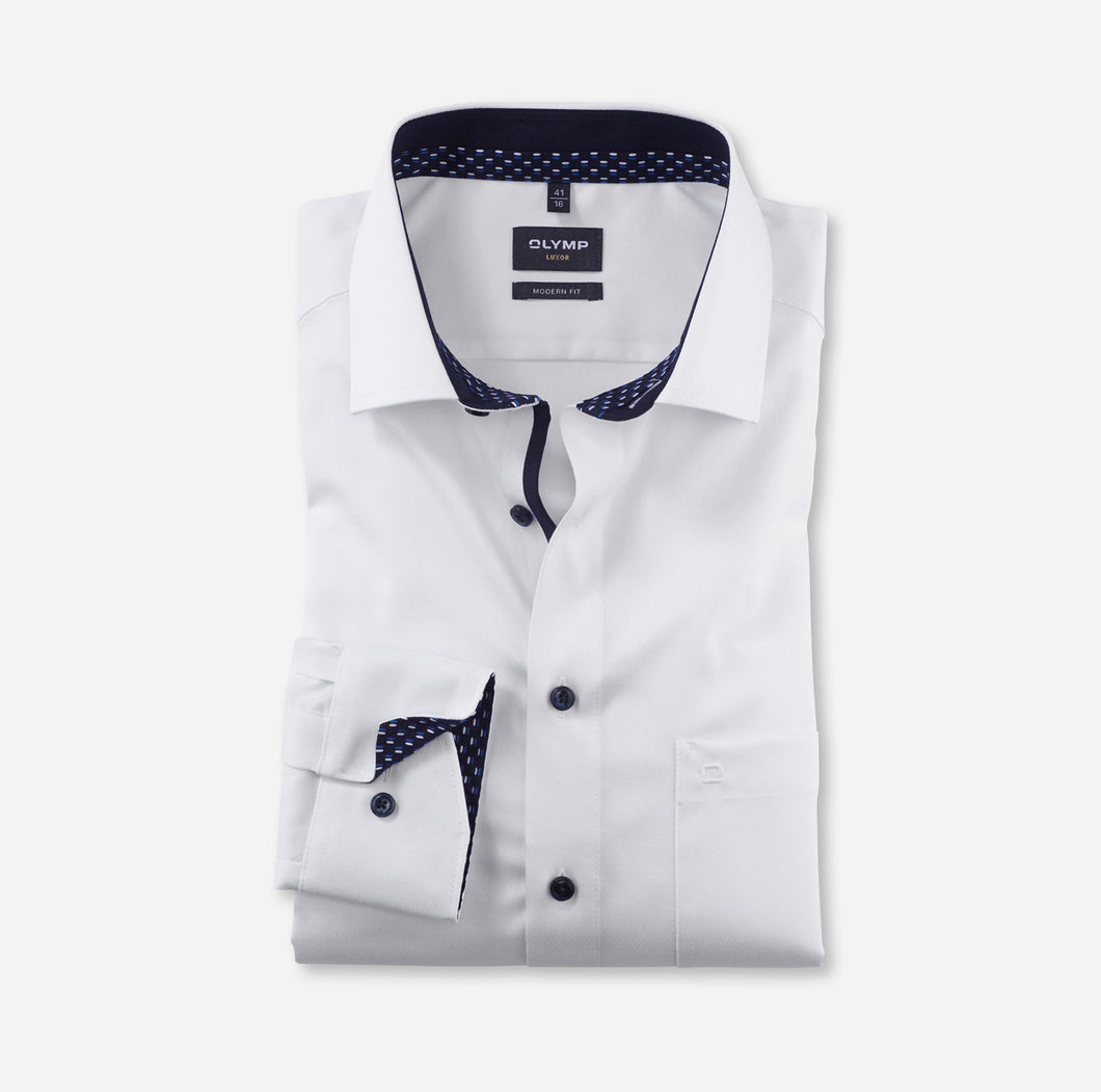 Olymp 1262 44 00 | Textured Weave White Shirt with Navy Trim in Modern Fit