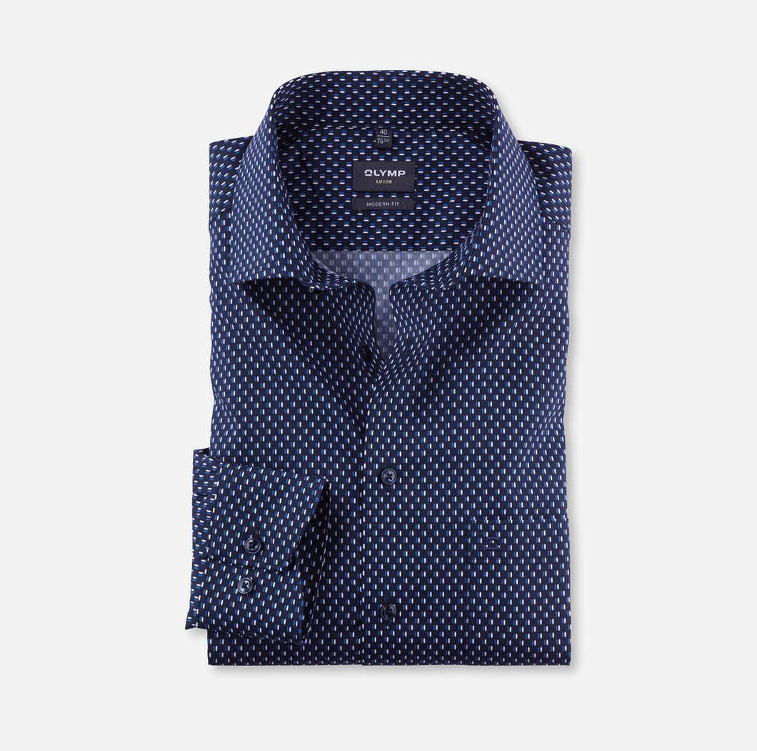 Olymp 1284 44 19 | Navy Shirt with Blue & White Print in Modern Fit