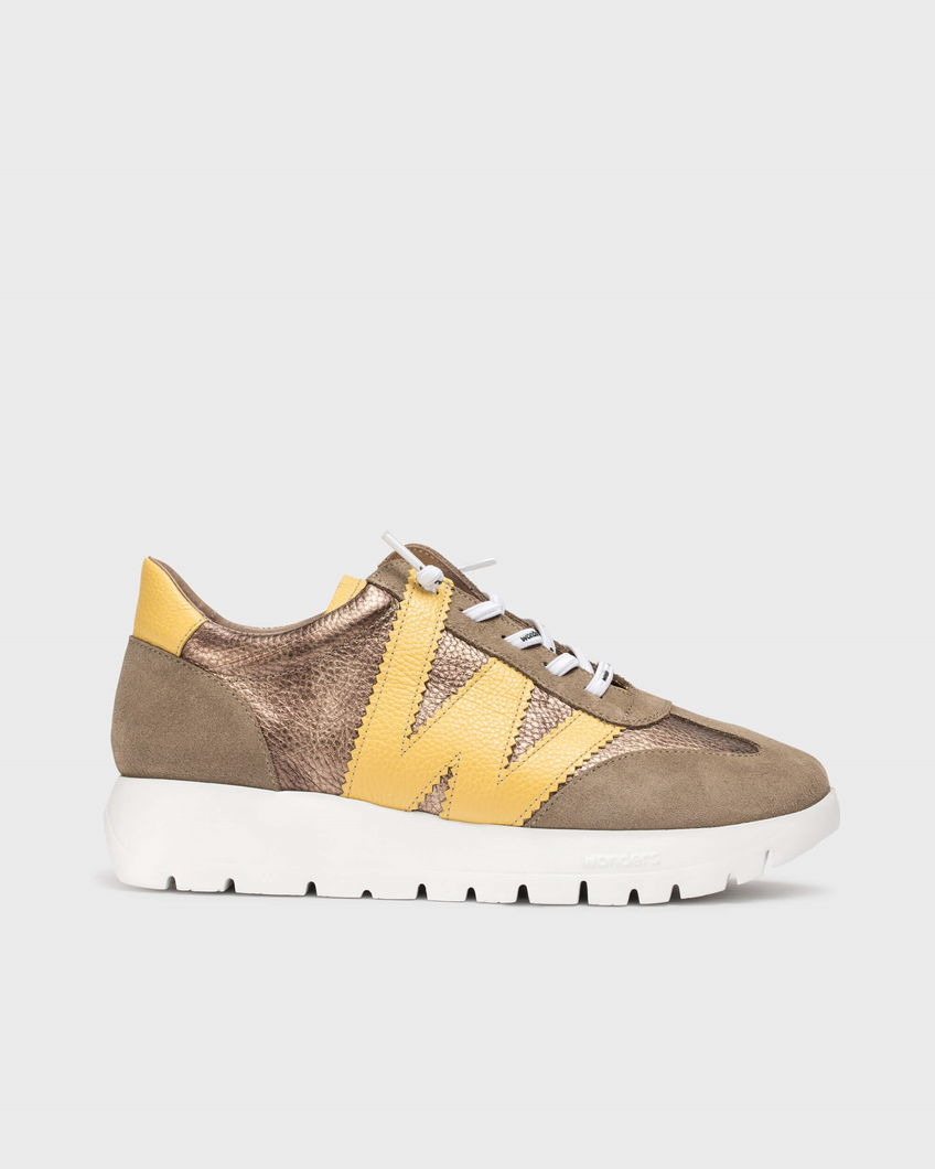 Wonders Wedge Trainers in Taupe/Yellow A-2476