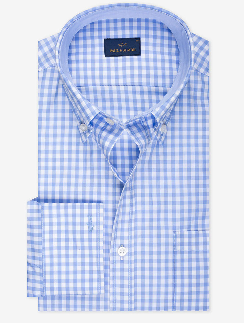 Paul&Shark 24413244 s58 | Blue Gingham Long Sleeve Regular Fit Shirt with Pocket