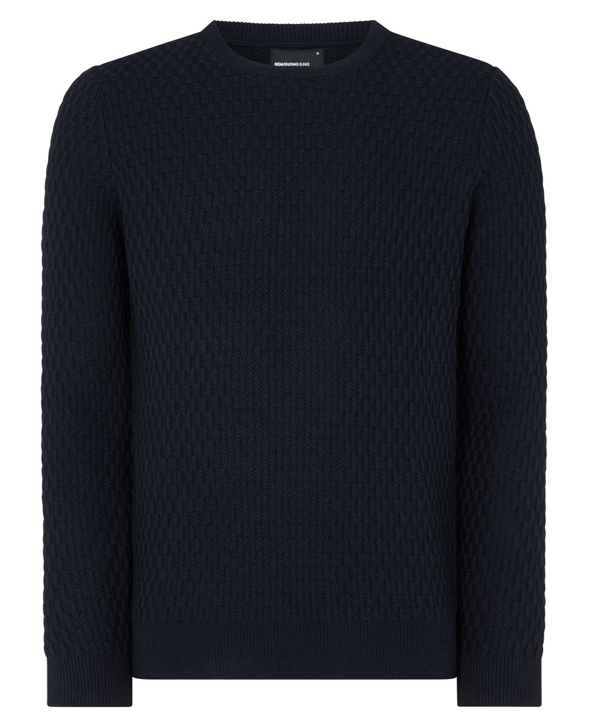 Remus Uomo | Structure Wool Blend Slim Fit Crew Knit in Navy | 58684 78