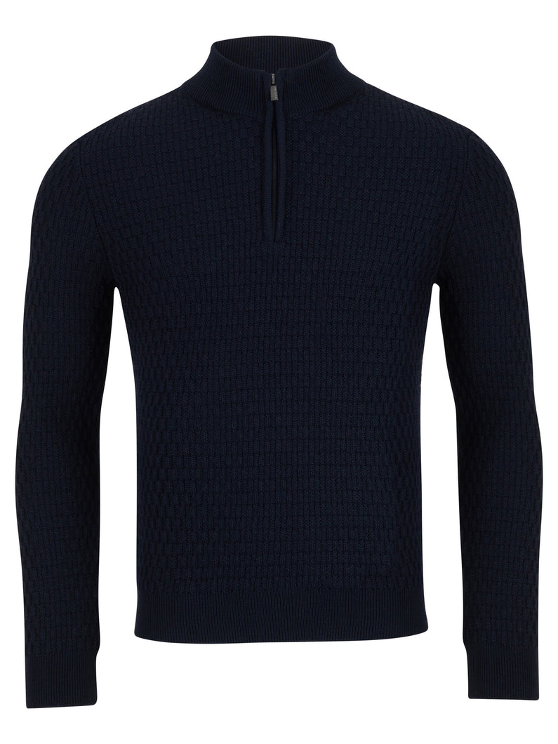 Remus Uomo | Textured Wool-Acrylic Blend Slim FitHalf Zip Knit in Navy | 58685 78