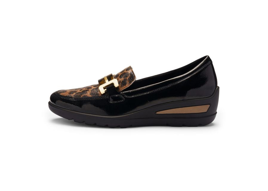Ara Black Leopard Wedge Wide Shoe 12.50609.11