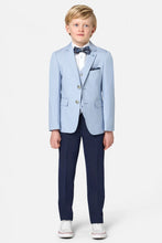 Load image into Gallery viewer, Benetti | Boys 3 Piece Suit in Light Blue with Check Waistcoat &amp; Navy Slacks | Albert