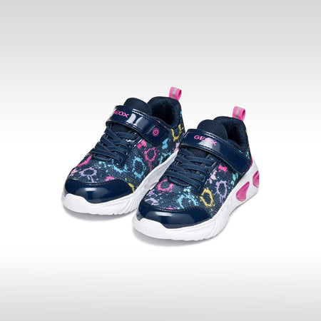 Geox | Assister Girls Navy Blue Shoe with Multicolor Design & Lights | J45E9B