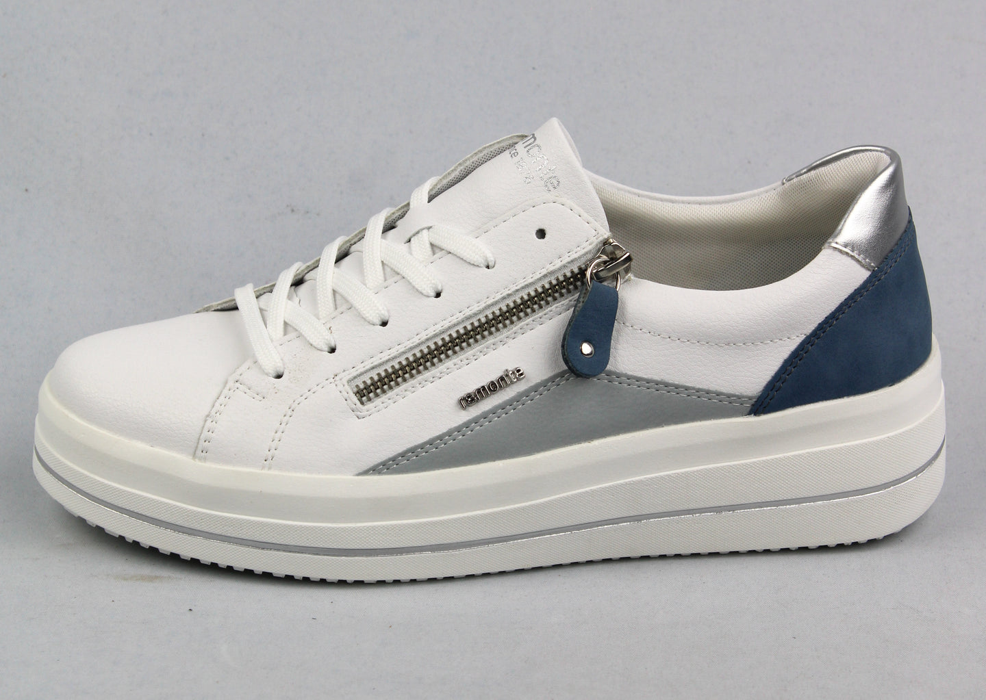 Remonte | Low Wedge Lace & Zip Leather Trainers in White & Blue | D1C01