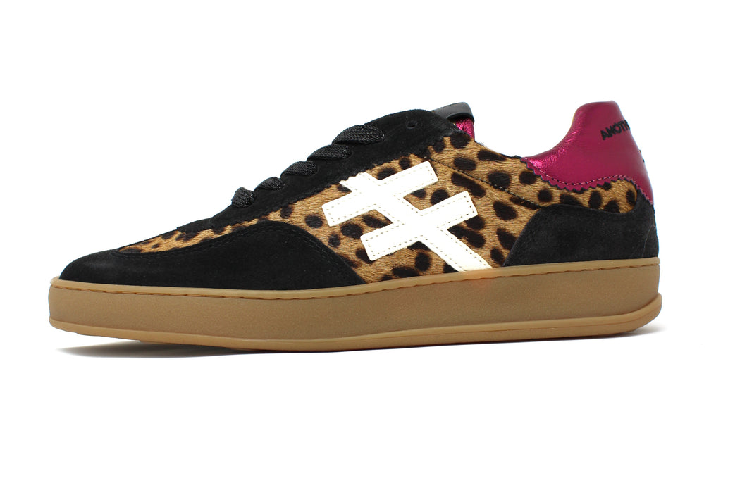 Another Trend | Black & Leopard Trainers with Contrast Pink Heel | A032W4A3