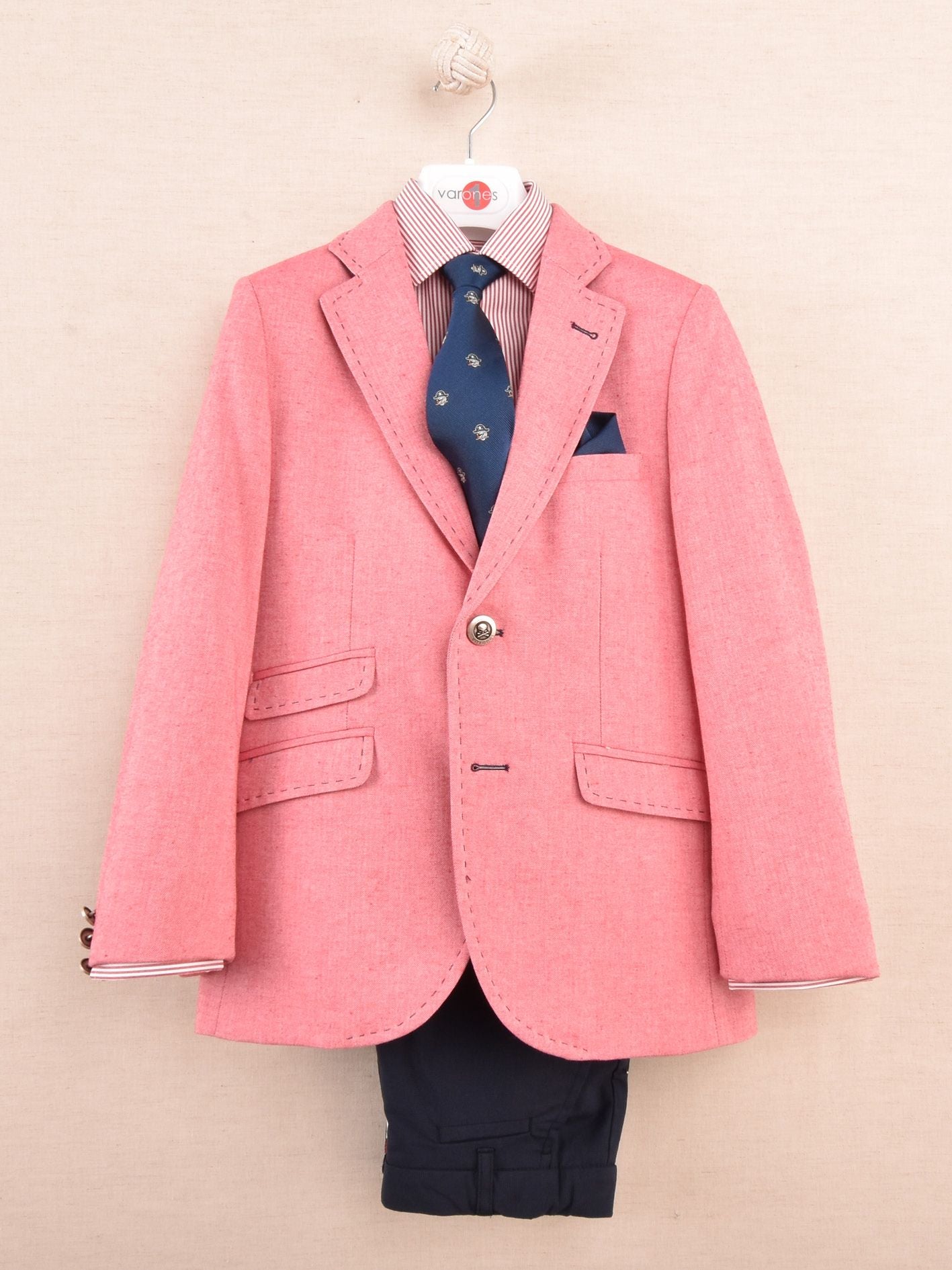 One Varones | Boys Jacket in Coral Pink with Navy Stitch Detailing | 10-04096 40