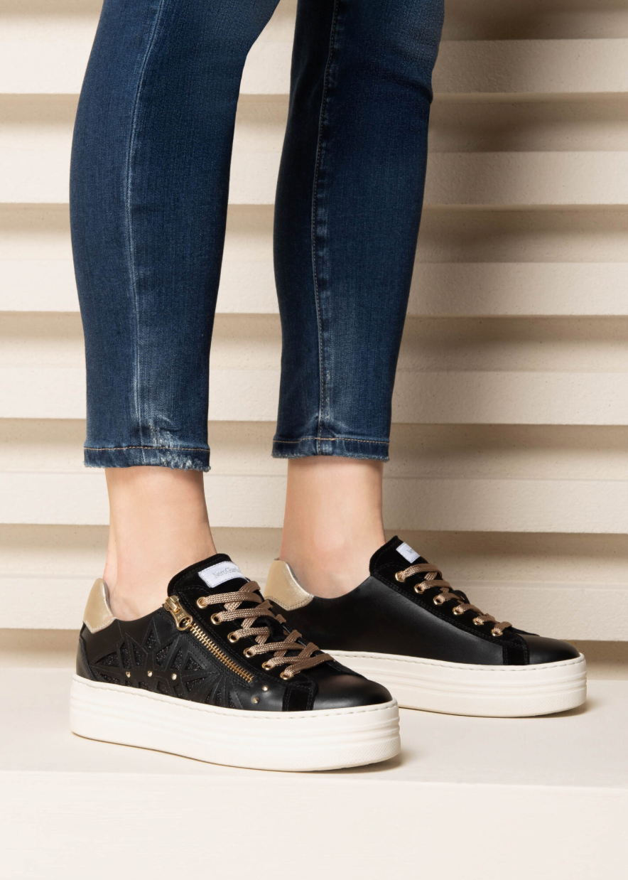Nero Giardini I308410D Nero 4cm Platform Trainers in Black Gold
