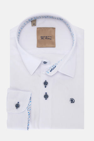 Benetti | Textured Cotton White Shirt with Navy Blue Buttons | Portland