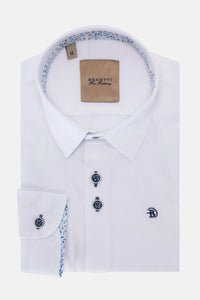 Benetti | Textured Cotton White Shirt with Navy Blue Buttons | Portland