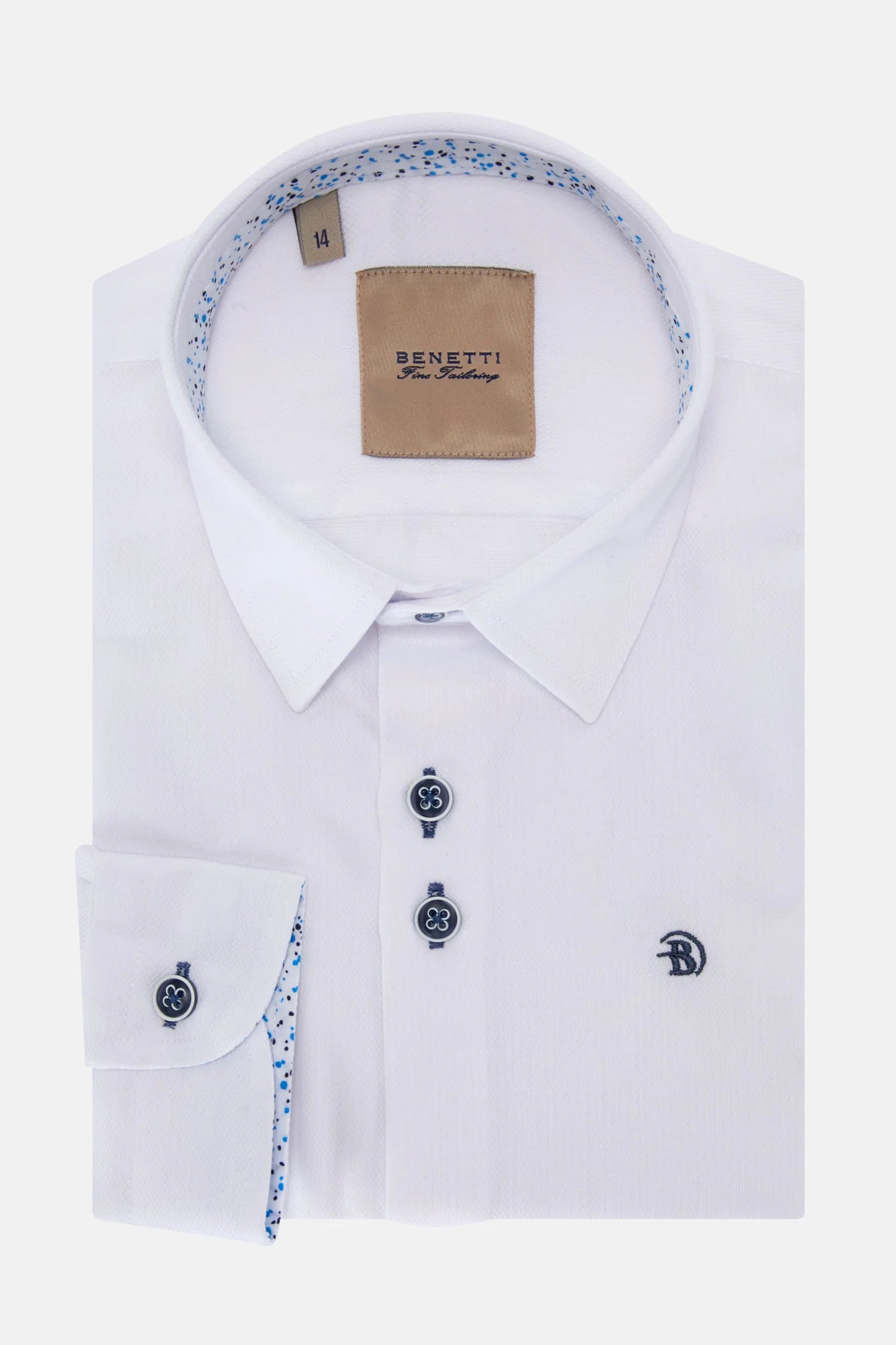 Benetti | Textured Cotton White Shirt with Navy Blue Buttons | Portland