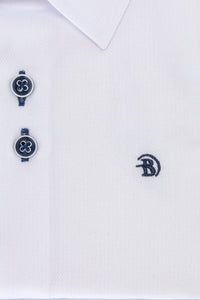 Benetti | Textured Cotton White Shirt with Navy Blue Buttons | Portland