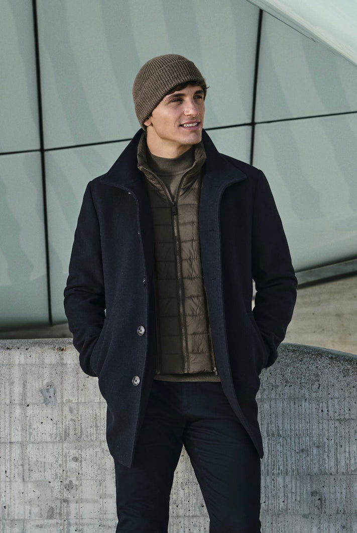 Roy Robson | Knee Length Wool Coat in Navy with Removable Brown Insert | 15956 98