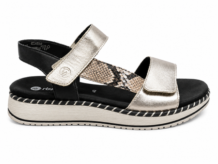 Remonte | Low Wedge Velcro Sandals in Black, Gold & Leopard | D3J50