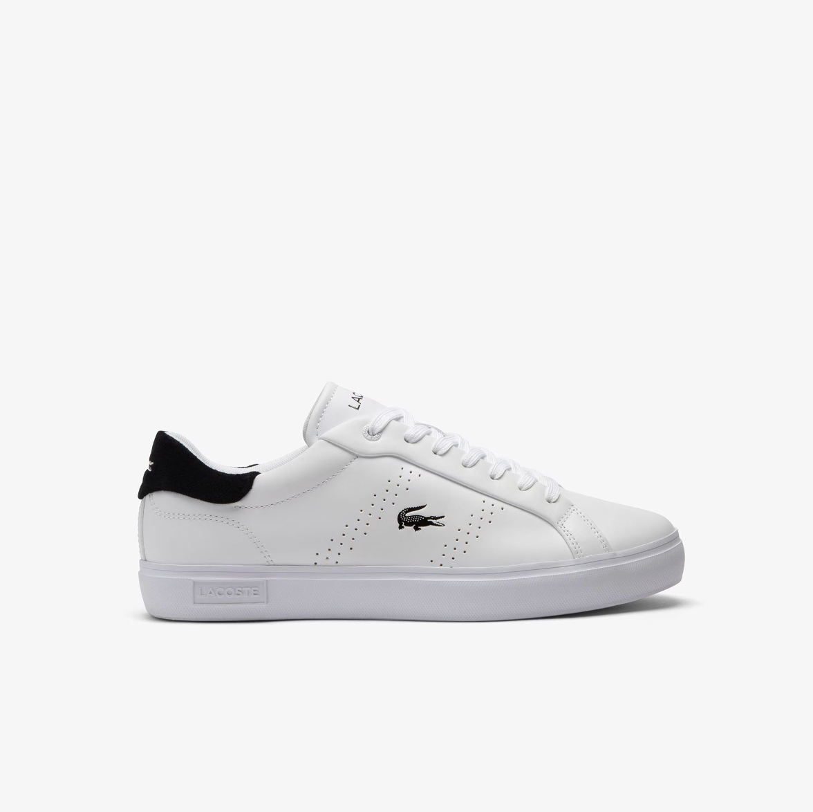 Lacoste | Powercourt Leather Trainers in White with Contrast Navy Heel | sosma0148 2h4
