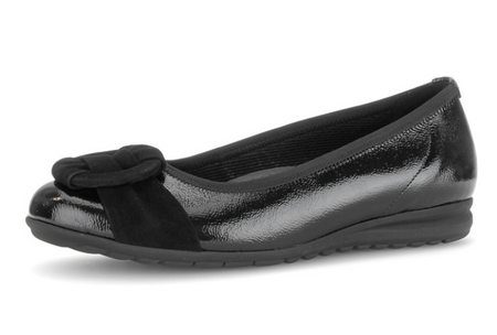 Gabor | Slip On Leather Ballerina Pumps in Black with Suede Bow Detail | 3012.01 001