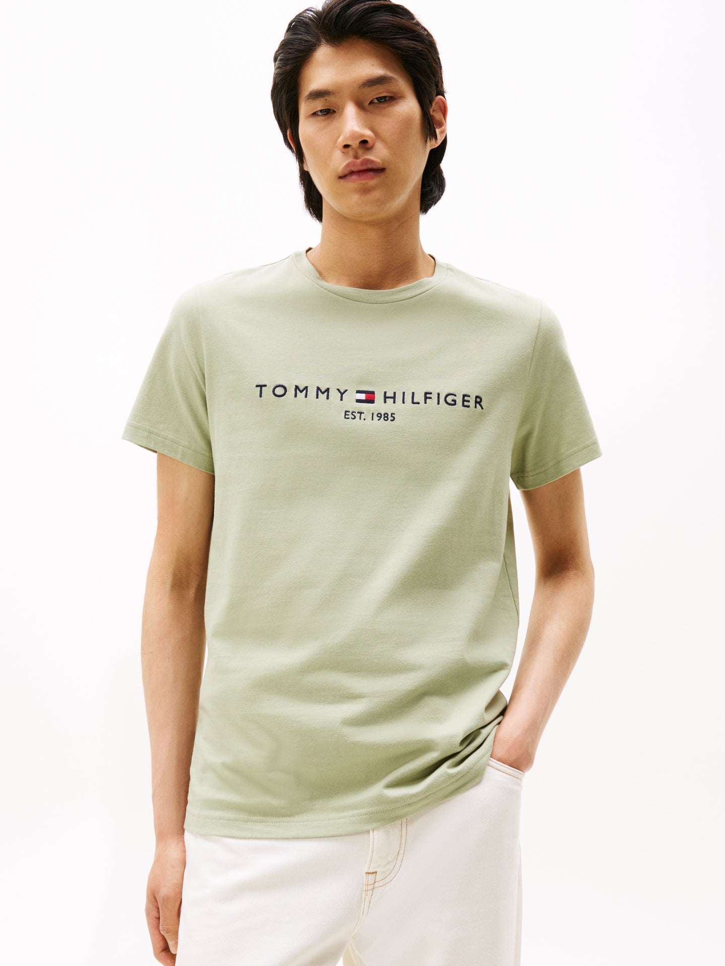 Tommy Hilfiger | Slim Fit Logo Tee in Sage Green | mw0mw11797 L9a