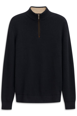 Bugatti | 1/2 Zip Ribbed Troyer Knit with a Cotton Cashmere Blend in Navy | 7500 85525d 390