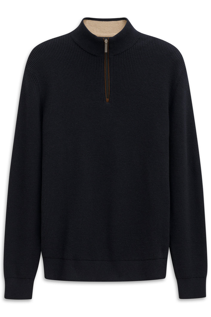 Bugatti | 1/2 Zip Ribbed Troyer Knit with a Cotton Cashmere Blend in Navy | 7500 85525d 390