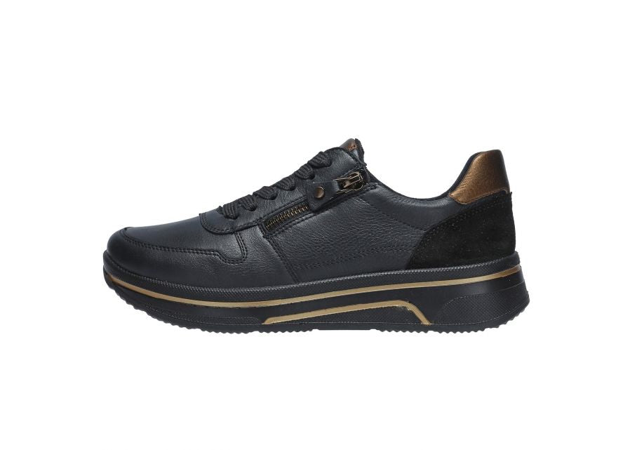 Ara | Sapporo Wide H Fit Lace & Zip Trainers in Black & Bronze | 12.27540.01