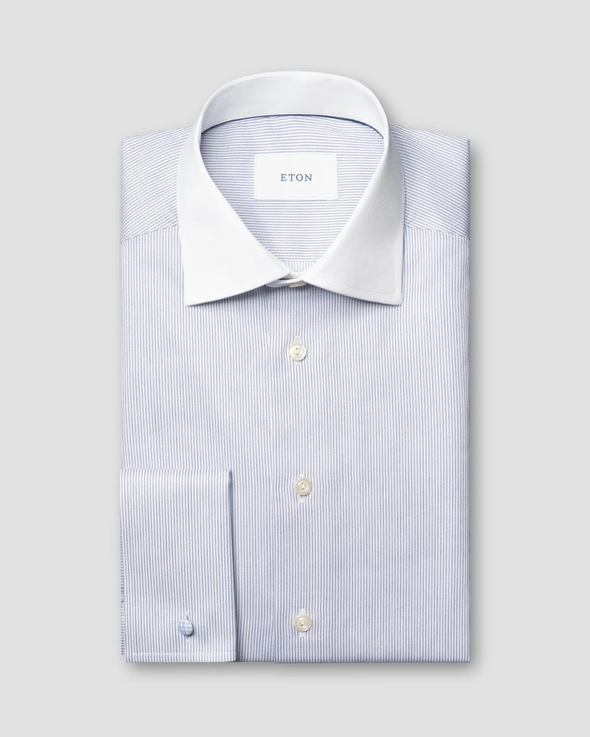 Eton | Fine Blue Stripe Signature Twill Double Cuff Shirt with White Collar in Regular Contemporary Fit | 100014556 27
