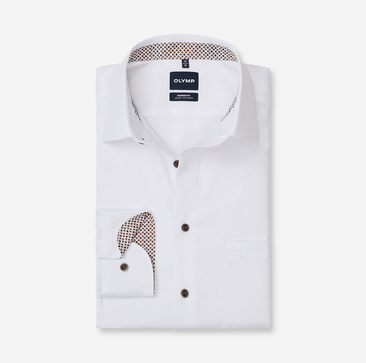 Olymp White Shirt with Brown Print Trim 1262 24 00
