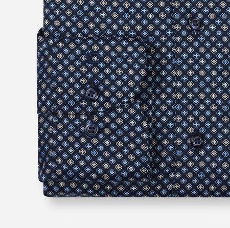 Olymp | Modern Regular Fit Shirt in Navy with Blue & Beige Print | 1374 24 18