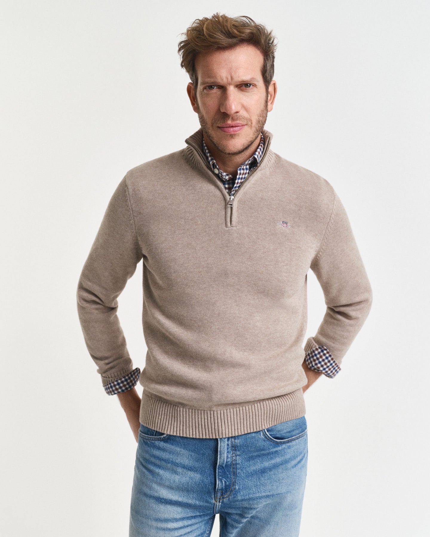 Gant | Casual Cotton 1/2 Zip Knit in Sand Melange | 8030170 295