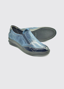 Suave Lynne | Low Wedge Slip On Leather Shoes in Navy Blue