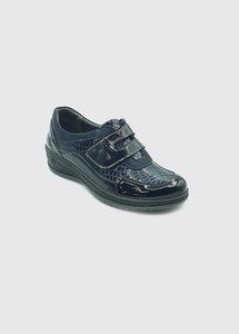 Suave Lynne | Leather Shoes with Velcro Cross Strap in Navy