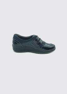 Suave Lynne | Leather Shoes with Velcro Cross Strap in Navy