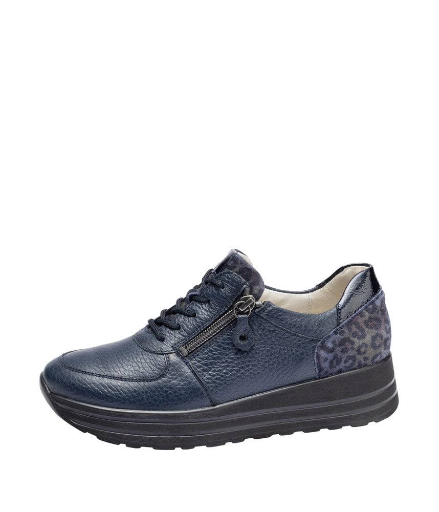 Waldläufer Lana | Wide H Fit Lace & Zip Trainers in Navy