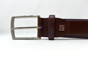 Michaelis | Cognac Leather Belt with Blue Stitch