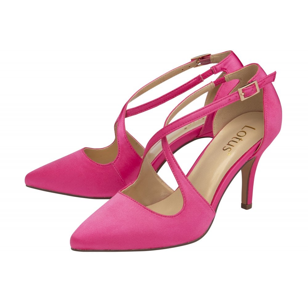 Lotus Willow | Cross Strap Court Shoe in Pink Satin with 9cm Stiletto Heel